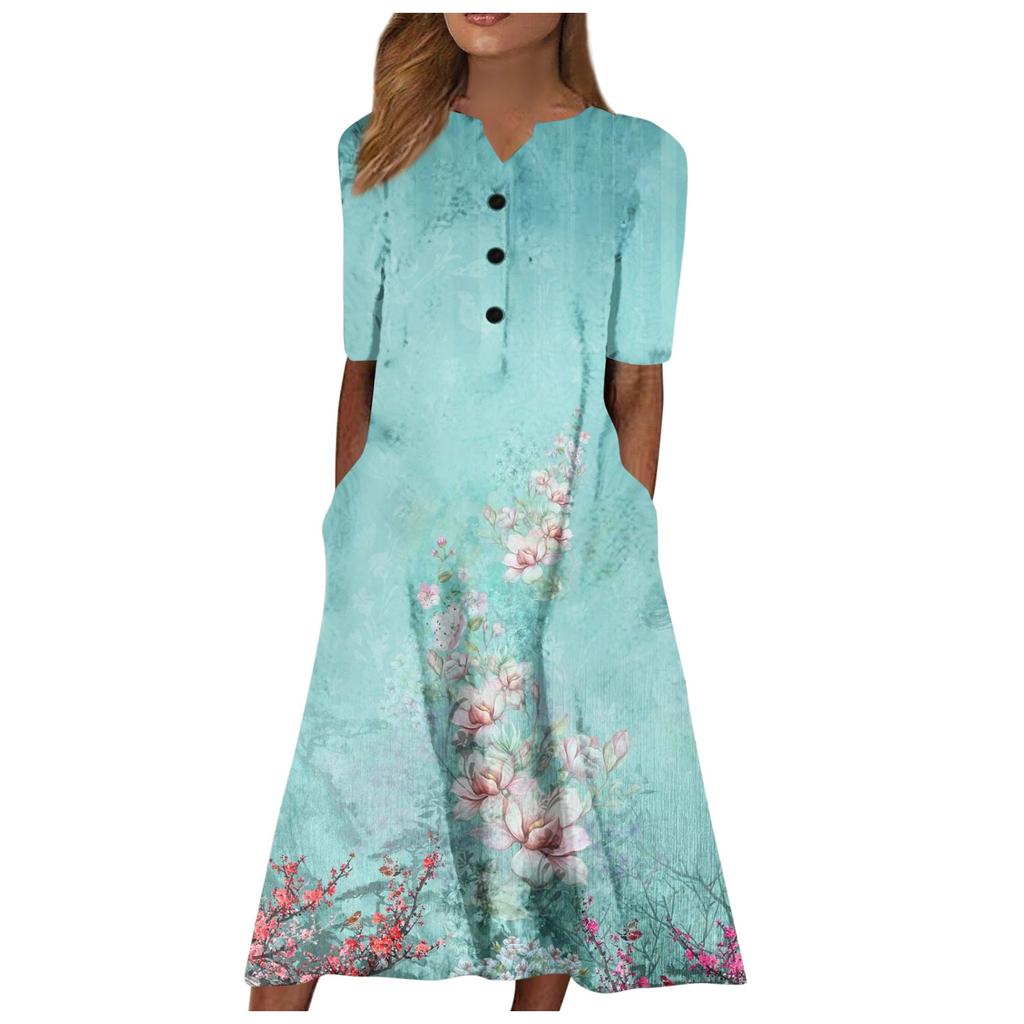 Women's Summer Casual Printing Fashion V-neck Short Sleeved Beach Swing Skirt