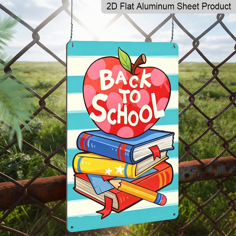 2D Flat, 1pc Cute "Back To School" Metal Wall Art Sign with Apple & Book Stack - 8*12 Inch Aluminium Rustic Classroom Decor, Colorful Cartoon Style