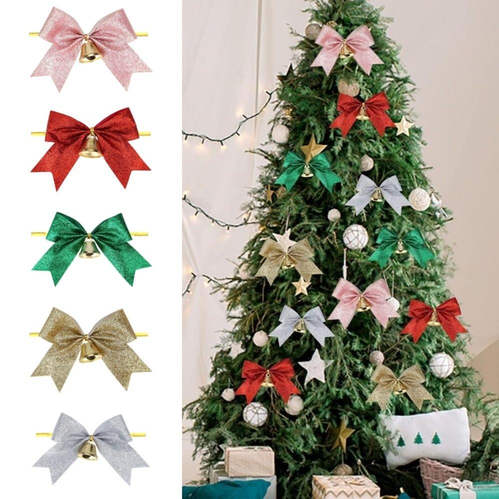 Red Bow Pendant Glitter Christmas Tree Ornament Party Christmas Bow with Bell Home Decor