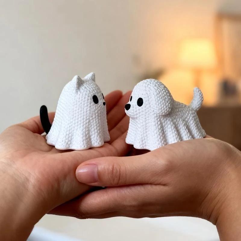 3D-печатные мини-фигурки призрачных кошек и собак на Хэллоуин, Милые жуткие питомцы-призраки, Украшения для микро-ландшафта, Вечеринка, Хэллоуин, Декор