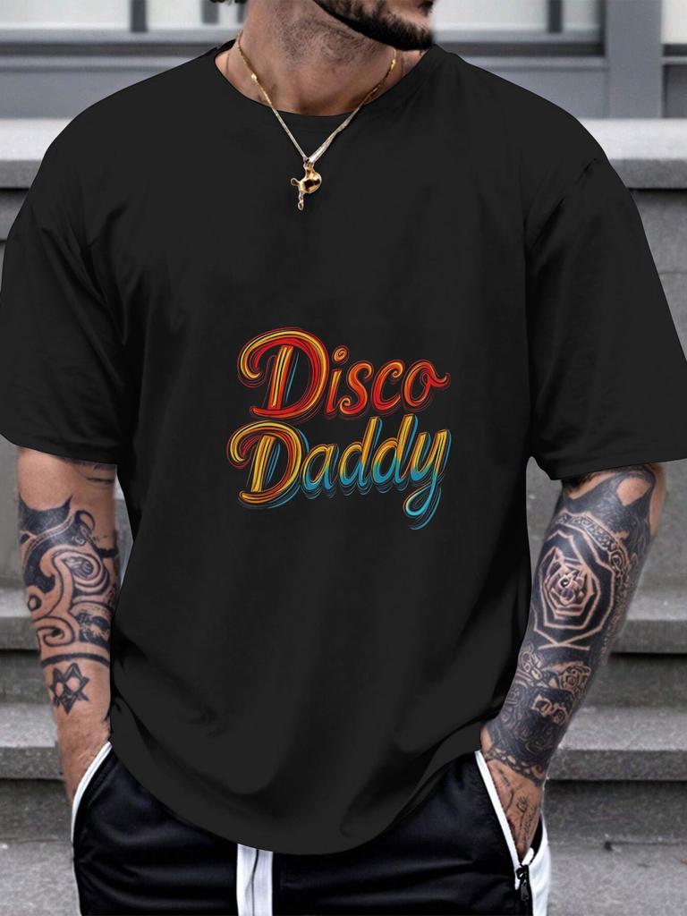 Смешная винтажная футболка с графическим принтом 'Disco Daddy' - 180 г Плотный хлопок, круглый вырез, короткий рукав, с ретро-принтом в виде цветовых блоков с градиентом