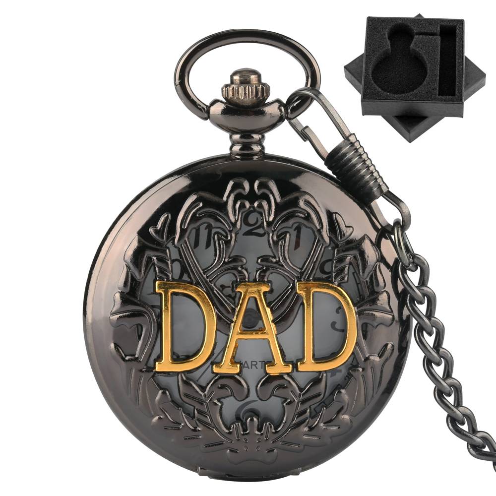 Vintage Black Hollow DAD Quartz Pocket Watch Arabic Numerals Dial Fob Chain Pocket Timepiece Necklace Watch Gift Men