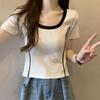 Summer New Square Neck Fashion Short Sleeve T-shirt Women Contrast Color Printing Casual Pullovers Pure Cotton All-match Tops
