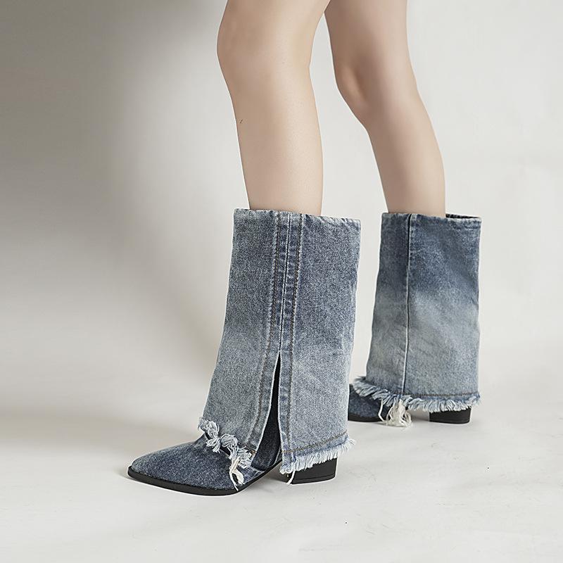 Fashion 2024 Autumn Women Cowboy Folds Tassel Pointed Toe High Heels Fashion Versatile Blue Western Botas Low Casual Short Boots Female