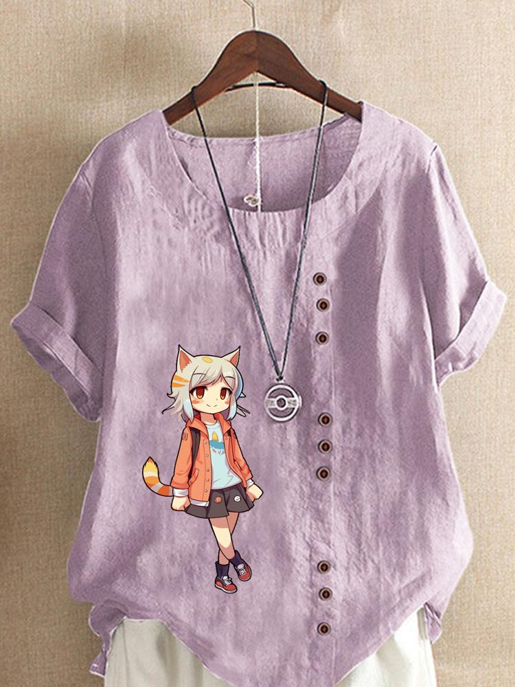 Women's Fashion Cute Girl Print Shot Sleeve T-shirt Loose Cotton Shirt Casual Loose Summer Blouse Tops Plus Size