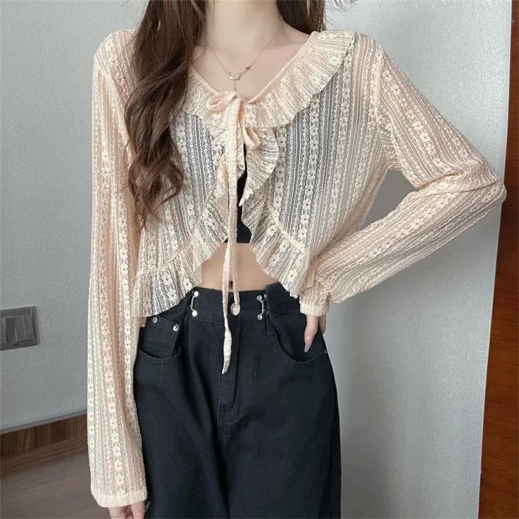 Милая блузка, женская летняя шифоновая белая кружевная кардиган с длинными рукавами, укороченные топы, черная солнцезащитная воздухопроницаемая рубашка