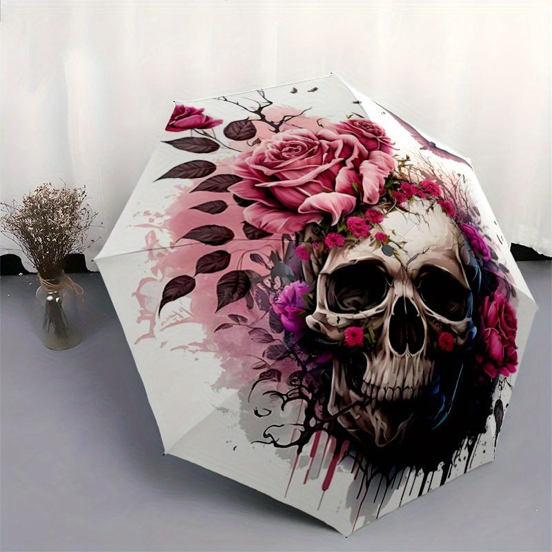 1pc Floral Skull Design Pattern Automatic Umbrella is Fashionable and Good-Looking, Suitable for Travel and Daily UseR014