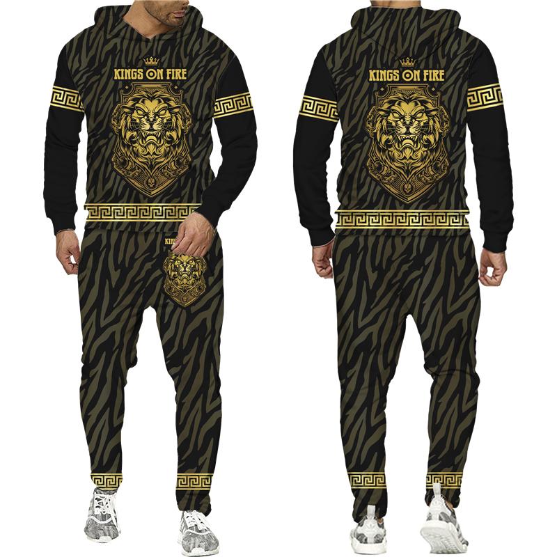 Golden Lion 3D Printed Hoodie Pants Suit Men's Casual Graphic Streetwear Pullover Sweatshirt Outfits Set Hip Hop Cool Tracksuits