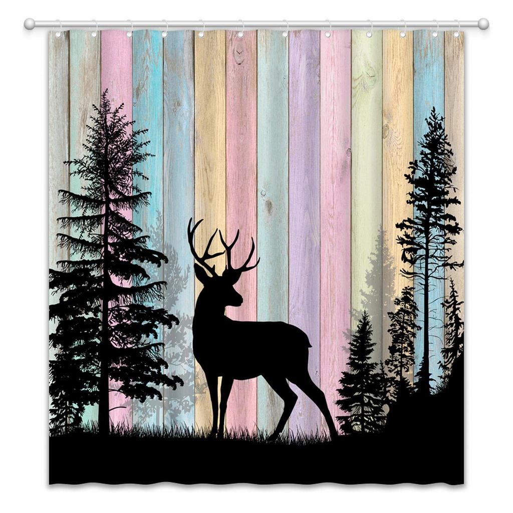 Занавеска для душа с оленем, красочный силуэт животного, рождественские элементы, деревянные доски, тематическая ткань, набор декора для ванной комнаты с крючками