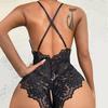 Sexy Women Bodysuit See-through Hollow Out Lace Bow Open Crotch Sleeveless Sknny Low-cut Cross Back Adjustable Spaghetti Strap Honeymoon Wedding