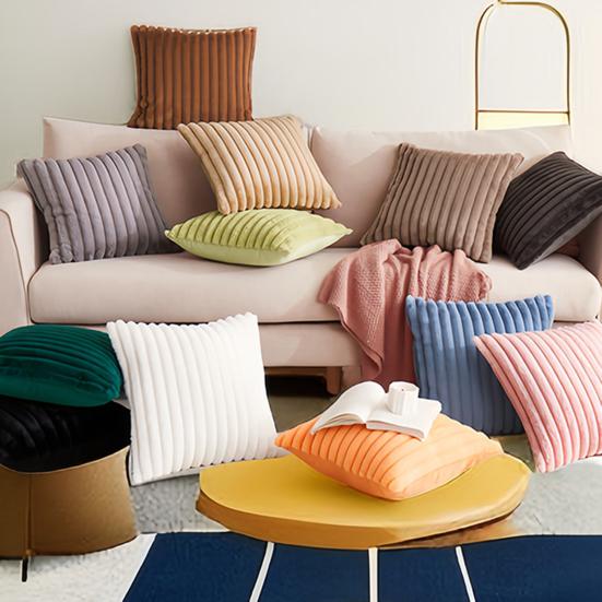 Throw Pillowcase Soft Plush Striped Pure Color Square Shape Bedroom Living Room Sofa Decoration Pillowcase Pillow Cover