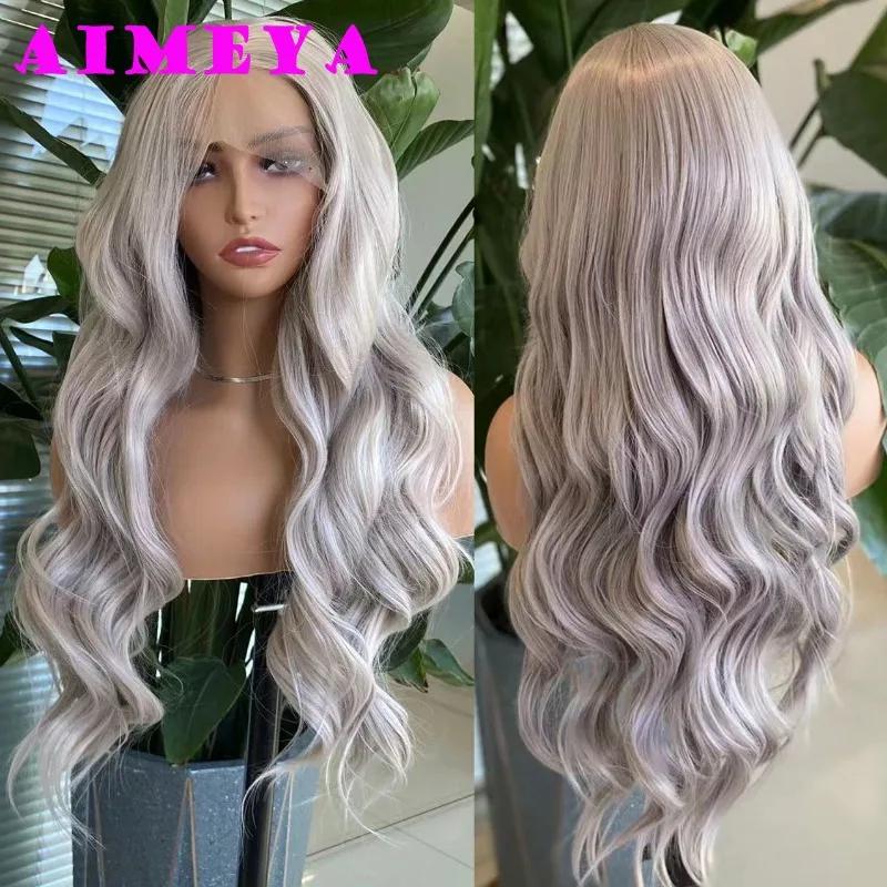 AIMEYA Platinum Blonde Synthetic Lace Front Wig Long Body Wave Natural Hairline Wigs Heat Resistant Fiber Hair Daily Use Csplay