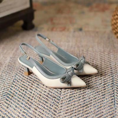 2025 Французские элегантные туфли на высоком каблуке с бантом, женские туфли на тонком каблуке с тиснением в клетку, с заостренным носком, сандалии