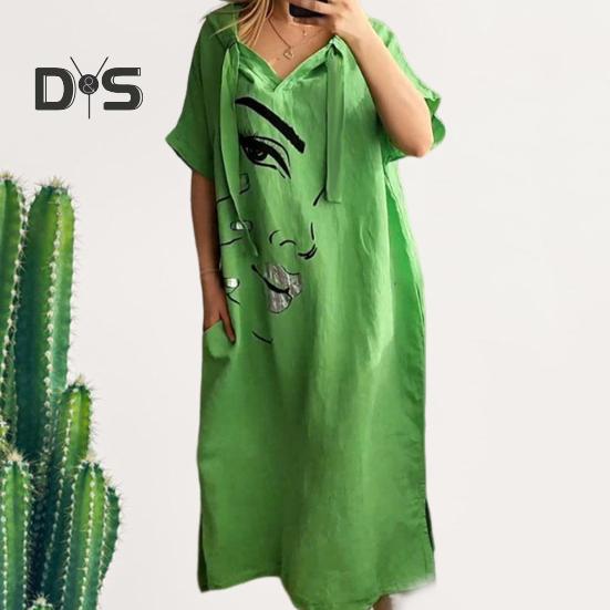 Женское платье с принтом лица, свободное платье с капюшоном и шнурком в богемном стиле с короткими рукавами, городской стиль, пуловер с разрезом по краю и боковым карманом, платье миди длиной до середины икры