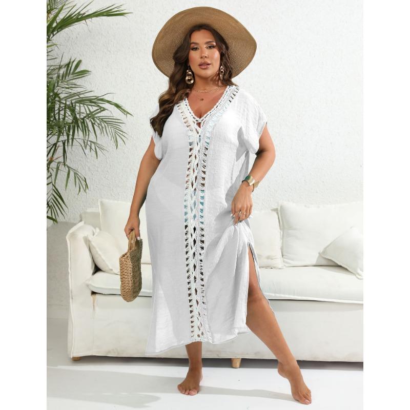Holiday Beach Cover-Ups Plus Size Women's Cover Up Hand Hooked Clashing Colour Splicing Deep V Split Dress