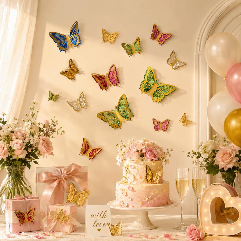 12 Pcs Hollow 3D Butterfly Wall Stickers Glitter Wings Wall Decals Bedroom Decorations