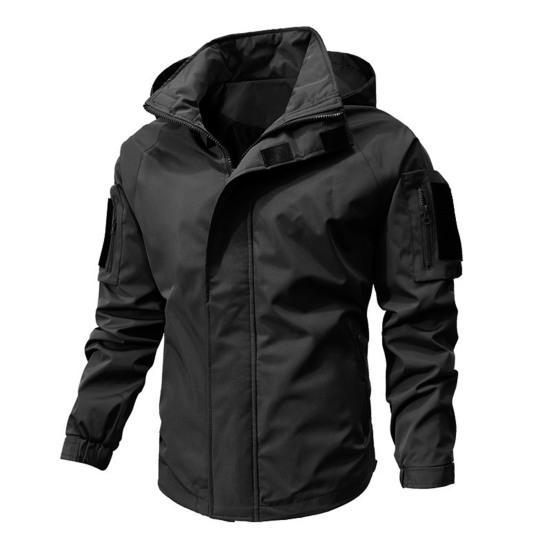 Men Casual Jacket Hooded Long Sleeve Windproof Jacket Multiple Pockets Full Zipper Closure Fastener Tape Trench Coat