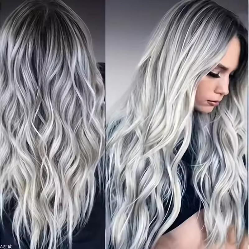 Long Wavy Synthetic Wig Women Black Gray Gradient Fashionable Heat Resistant Fiber