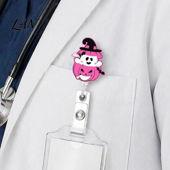 Teacher Badge Reel Retractable Holder, Halloween Glitter Acrylic Reel, Cute Ghost ID Card Pumpkin Holder for Nurse Doctor Worker