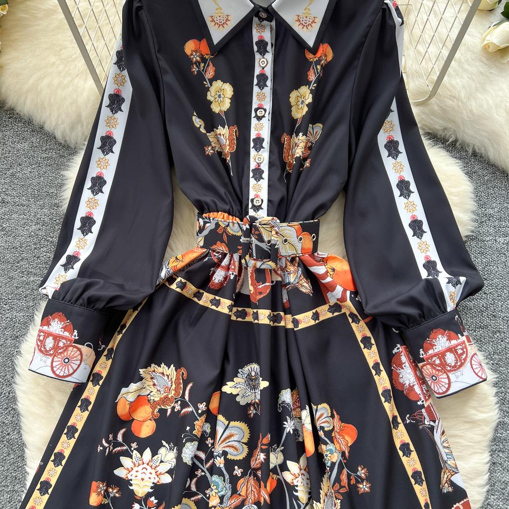 Весна-лето Женские дизайнерские винтажные принты Подиумные платья с отложным воротником Длинное макси-платье-рубашка с поясом