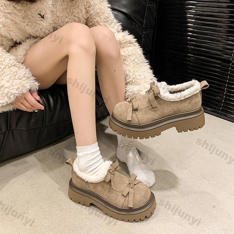 Женские зимние теплые мокасины Зимняя мода Повседневная платформа Slip-On Толстая подошва Замша Женские короткие плюшевые хлопковые банты Кожаные туфли