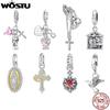 WOSTU Религиозная серия Шармы-молитвы из серебра 925 пробы Подвеска Ангел-Хранитель Красное сердце Бусина Подходит для браслета DIY Изготовление украшений