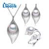 LSOOYH Leaf Design Natural Freshwater Pearl Earrings Jewelry Sets Cubic Zirconia Necklace Ring