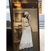Kumikumi Retro Set Heavy Industry Crochet Vest Tops Women Autumn Lace Skirt A- Line Skirt Two-piece Set