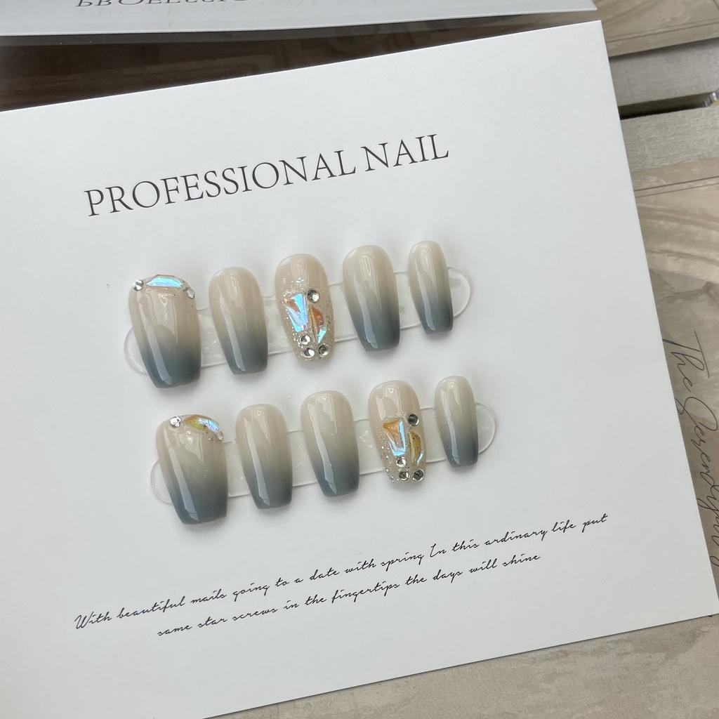 Искусственные ногти ручной работы, дымка, синий, телесный цвет, градиент, стразы, тонкие блестящие ногти для фототерапии, многоразовые и съемные ногти
