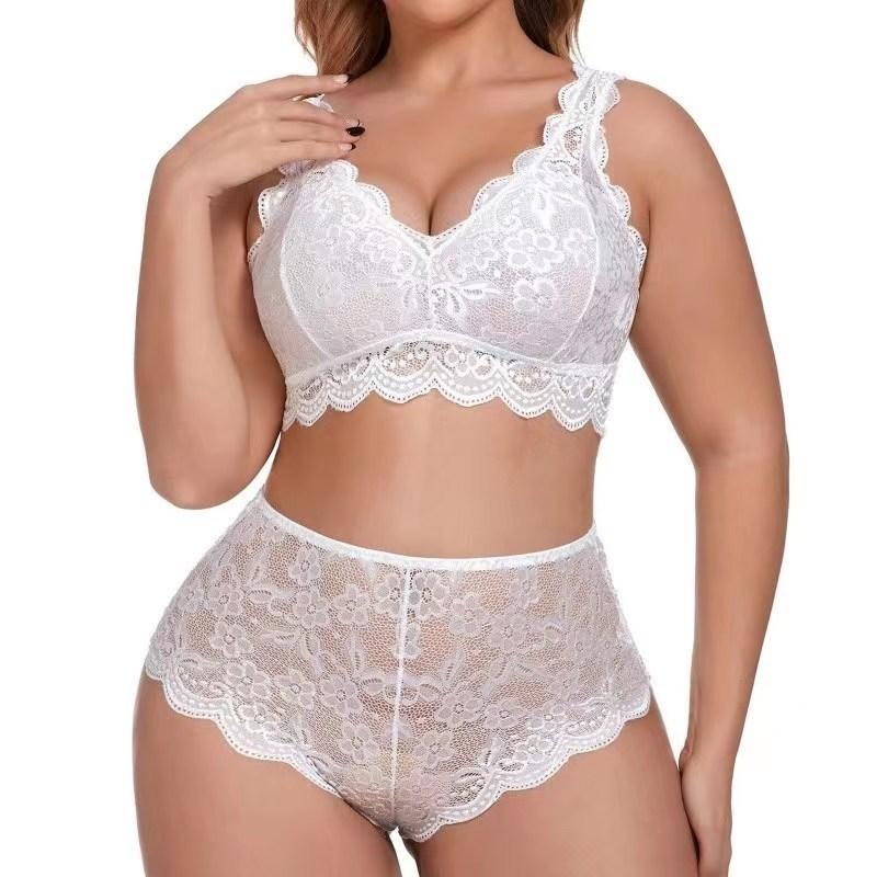 Sexy Costumes Plus Size Lace Lingerie Set 2 Piece Matching Halter Bra Big Ass Panties See Through Nightwear Womens Underwear