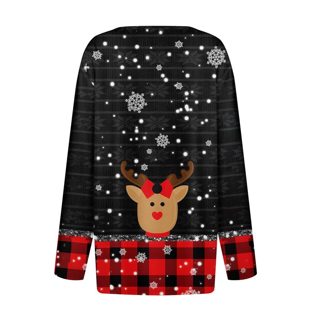 Женская футболка с рождественским принтом на пуговицах с длинным рукавом, повседневная, выходного дня, модная, базовая, с V-образным вырезом, обычная