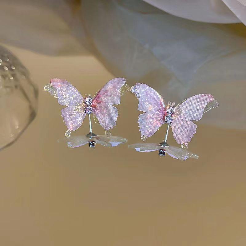 S925 Super Fairy Symphony Double Mesh Butterfly Stud Earrings Dream Fresh Less Earrings Versatile Internet celebrity earrings