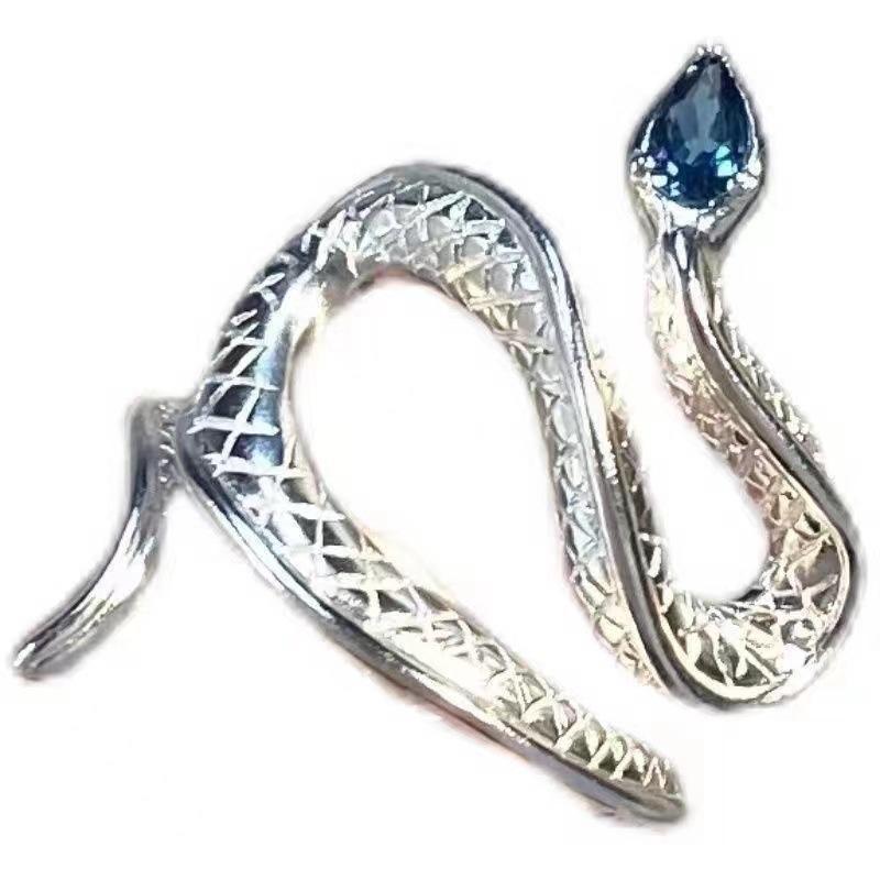 Sea Blue Topaz Snake Opening Ring with Creative Niche Design, Ins Cool Style Ring