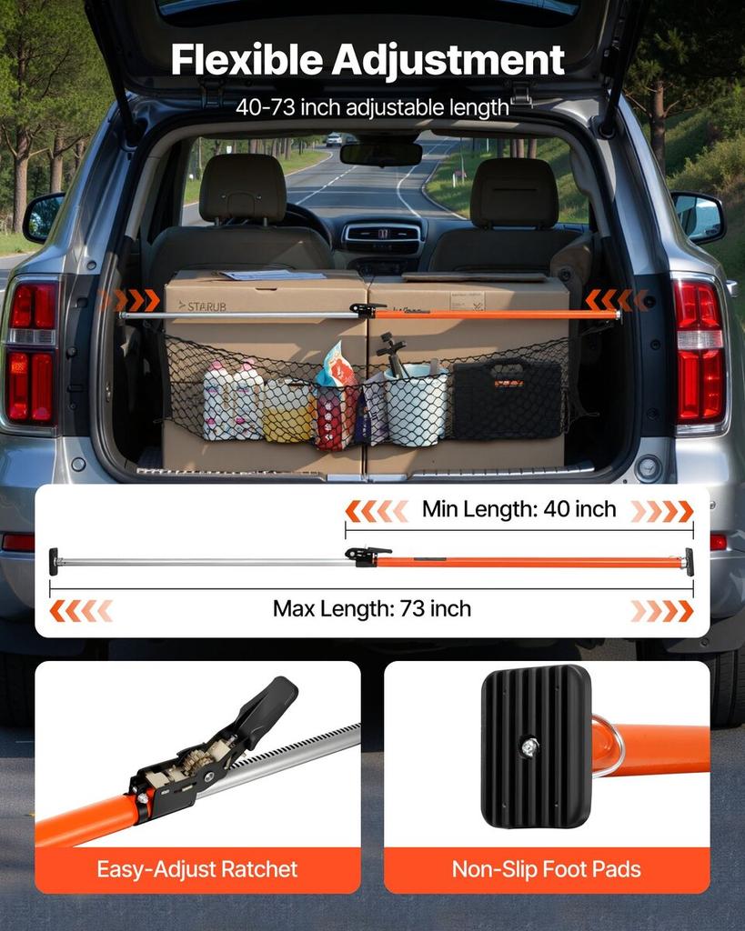 Cargo Bar, Ratcheting Cargo Bar Adjustable from 1016mm to 1854mm, Heavy-duty Steel Cargos Stabilizer with Storage Net & Non-Slip Pads, Telescoping
