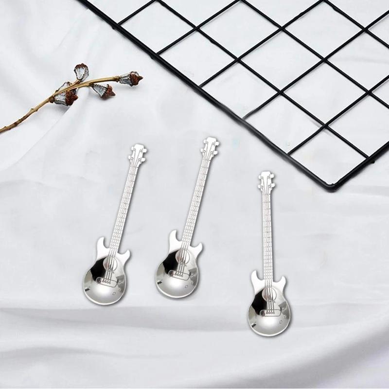 Чайные ложки для кофе в форме гитары, 4 шт. Музыкальные кофейные ложки из нержавеющей стали Чайные ложки Ложки для смешивания Сахарная ложка(Серебряный)