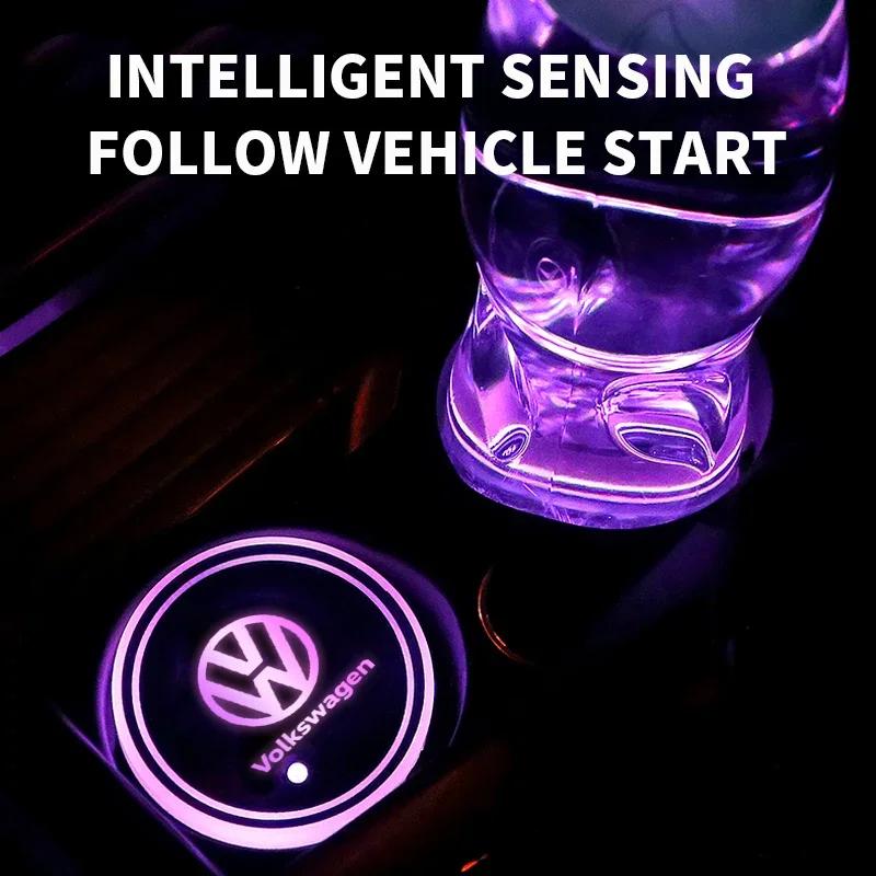 Car logo Cup Holder Bottom Pad LED Light Colorful Coaster For Volkswagen VW GTI Rline R Polo Golf Passat Tiguan Car Accessories