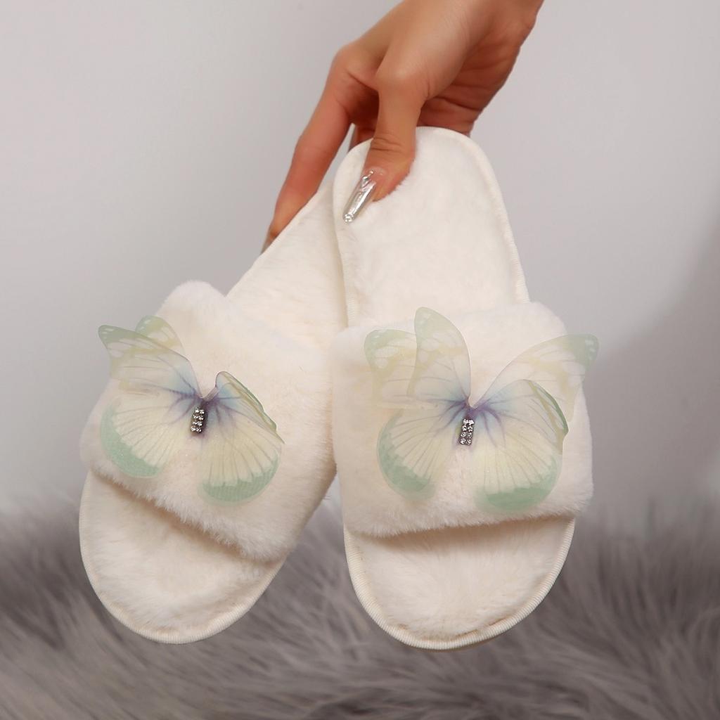 Soft Fluffy Fur Slippers Women Winter House Warm Furry Slippers Women Flip Flops Butterfly Home Slides Flat Indoor Floor Shoes