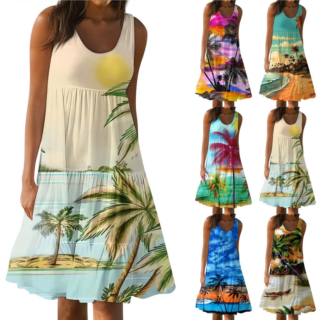 Гавайское платье для женщин, летние весенние плиссированные богемные платья, милые струящиеся пляжные платья без рукавов, прямая футболка, платья-майки, платья с круглым вырезом