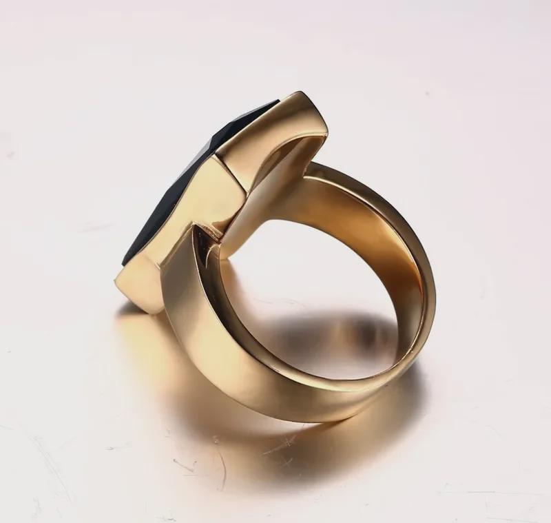 Japanese & Korean Fashion Square Glass Gold Ring In Stainless Steel, Ladies' Design RC-226