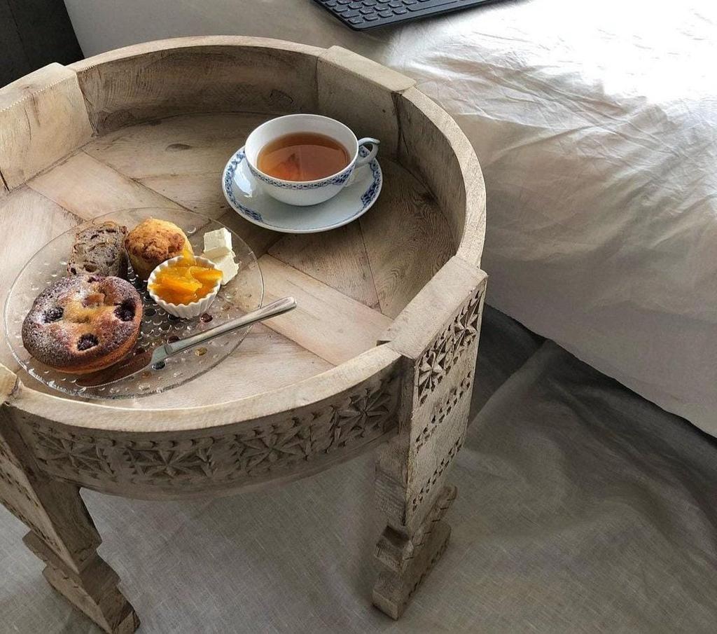 Wood Round Carved Coffee Table - Beautifull Side End table For Home Decor Furniture, Indian Central Ethnic Home Decor Table - Chakki Grinder