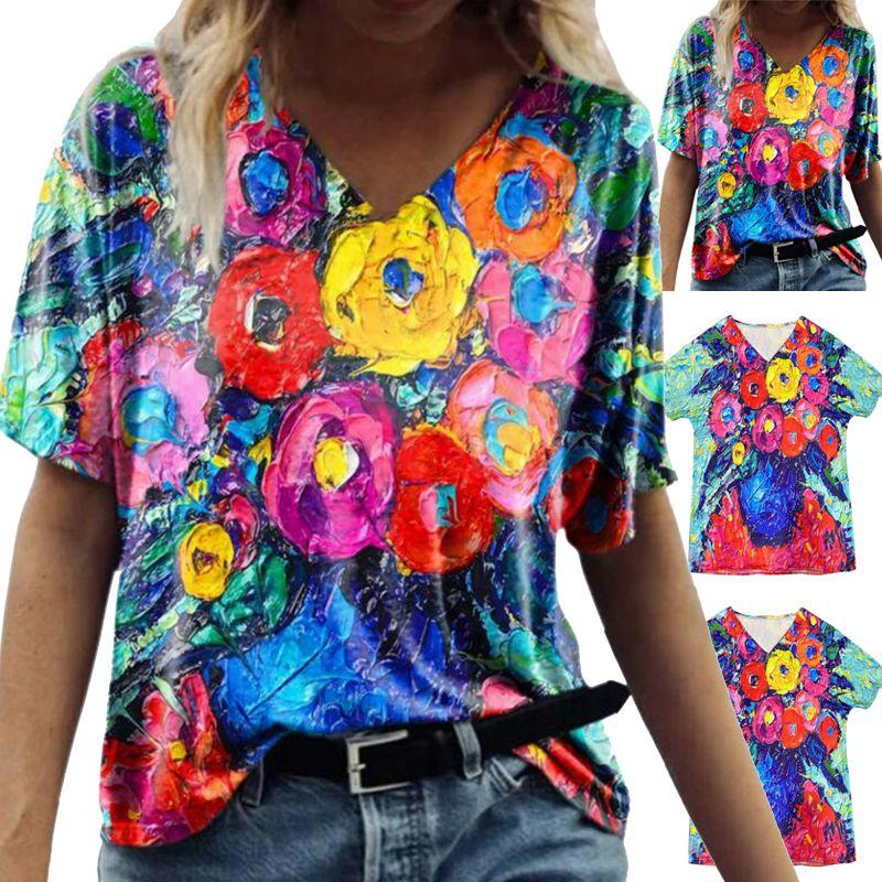 Summer Casual T Shirt With Floral Print And V Neck For Women