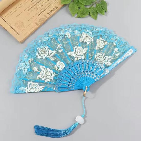 Rose Lace Folding Fan with Tassel Vintage Wedding Dance Performance Photo Props Portable Summer Hand Held Fan Party Supplies Gift