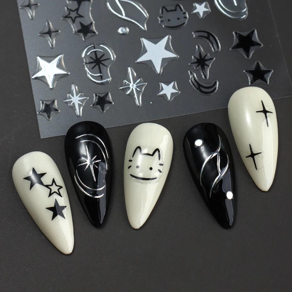 Black Silver Cat Animals Nail Sticker Decals Y2K Charms Cute Dog Cartoon Adhesive Sliders Foils For Manicure Nail Art Decoration