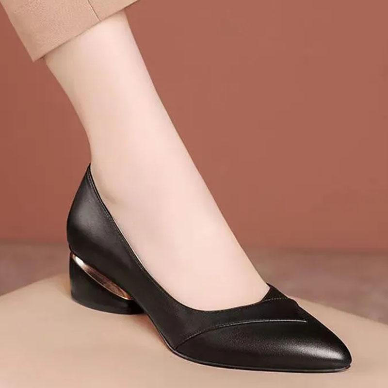 WTEMPO Women's Spring and Autumn Single Shoes Solid Color Pointed Toe Middle Thick Heel Rubber Anti-slip Sole Soft Leather Shoes Comfortable Versatile