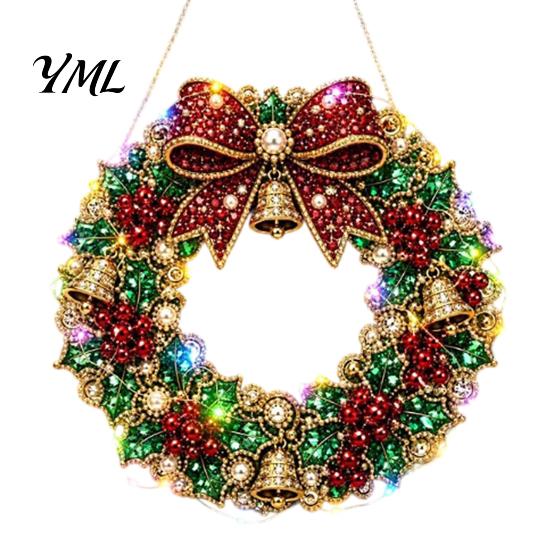 DIY Home Holiday Decor Acrylic Christmas Faux Pearl Art Hanging Kit, Lighted Wreath 3D Beaded Craft Painting Set Kit with LED String Light,