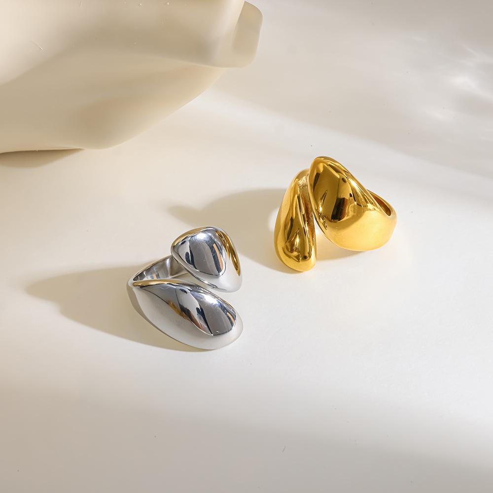 European and American light luxury minimalist stainless steel plated 18k gold glossy water drop open ring ring women's waterproof jewelry