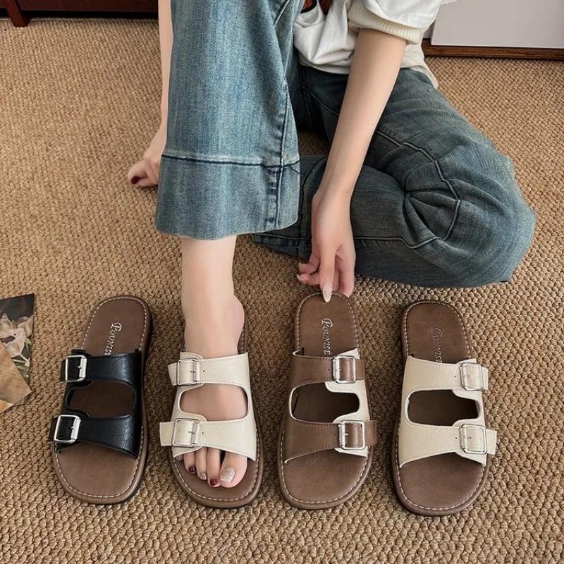 Мода Модные Сандалии на Толстом Каблуке Женские Плоские Римские Пляжные Шлепанцы с Квадратной Пряжкой Стиль Кросс-Границы Летние Шлепанцы с Открытым Носком