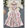 French Style High End Temperament One Piece Dress Women 2025 Summer Waist Hugging Slimming Sleeveless Print Big Hemline Puffy Guest Dresses