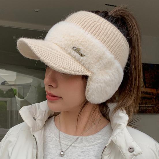 Women Autumn Winter Knitting Baseball Hat Letter Design Earflap Plush Warm Hat Outdoor Sport Windproof Ponytail Hat KTB