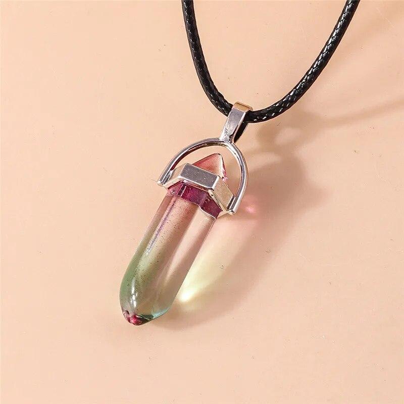 Натуральный камень, кварц, лазурит, опал, аметист, розовый хрустальный камень, шестиугольная колонна, кулон, ожерелья, кожаная цепочка, ожерелье-пуля